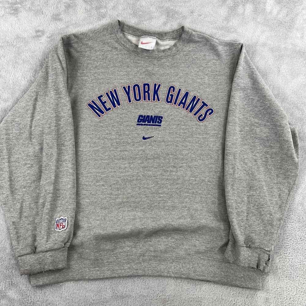 Vtg 90's Nike NFL New York Giants Crewneck L Gray Center Swoosh Distressed USA